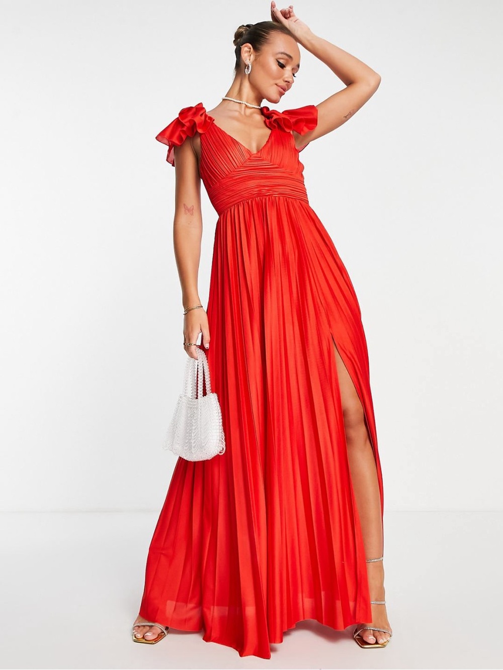 ASOS DESIGN Tall Coral Pleated Maxi Dress Ruffle Shoulder Slit UK18 EU46 - Picture 6 of 12